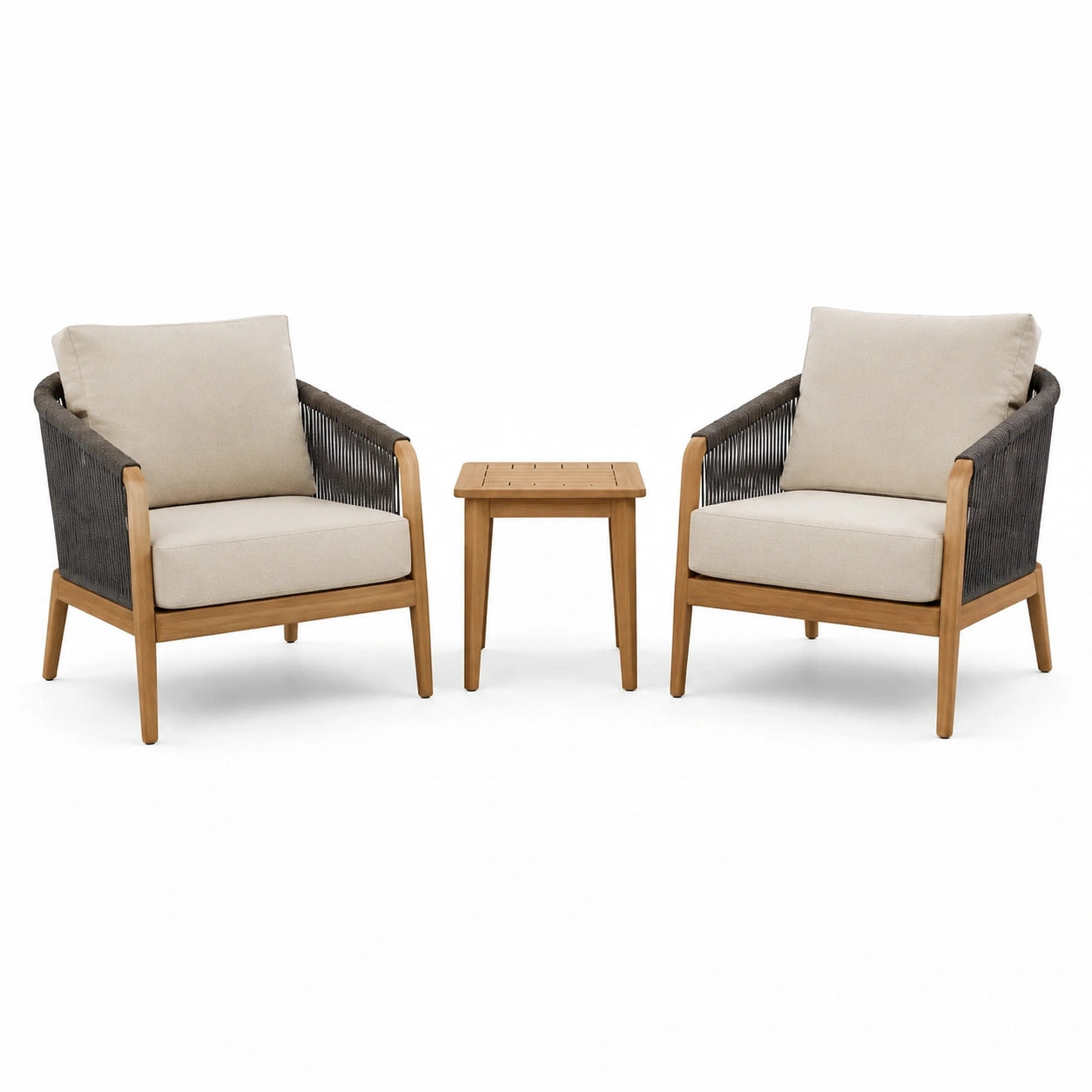 Set da giardino in legno e corda con sedie e tavolino