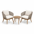 Set da giardino in legno e corda con cuscini beige, 2 sedie e 1 tavolo
