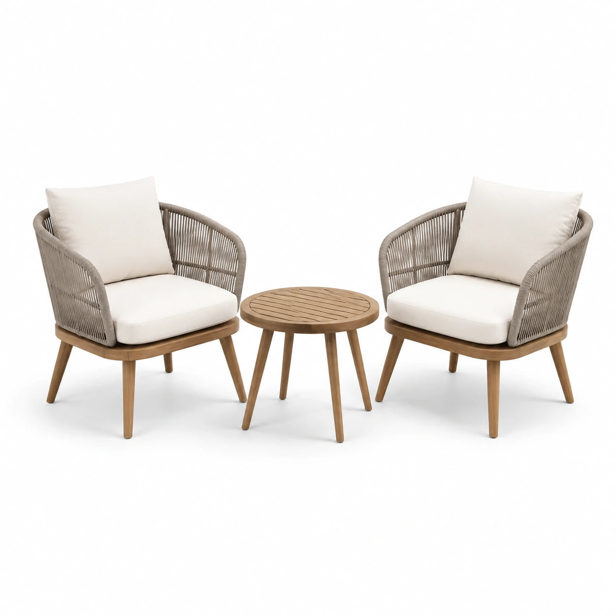 Set da giardino in legno e corda con cuscini beige, 2 sedie e 1 tavolo