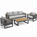 Set salotto da giardino 4 pezzi in metallo e legno con cuscini grigi