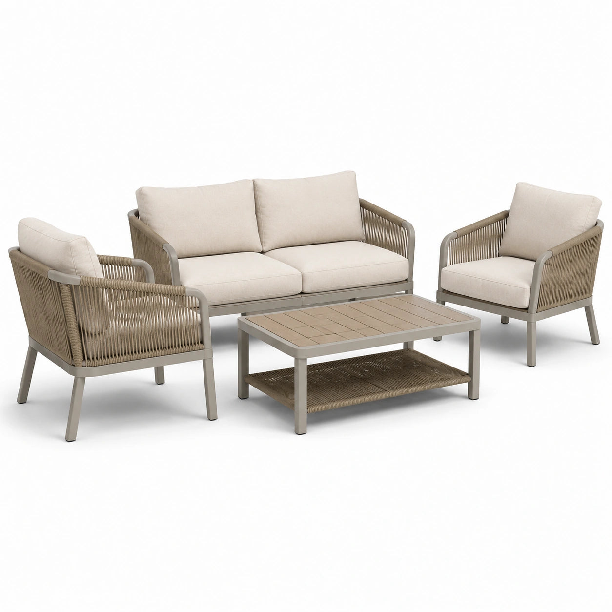 Set salotto da giardino in alluminio con cuscini crema