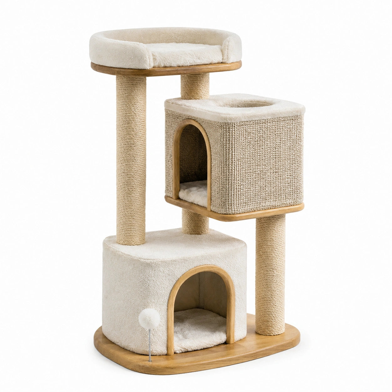 Tiragraffi in legno, sisal e tessuto beige a 3 livelli