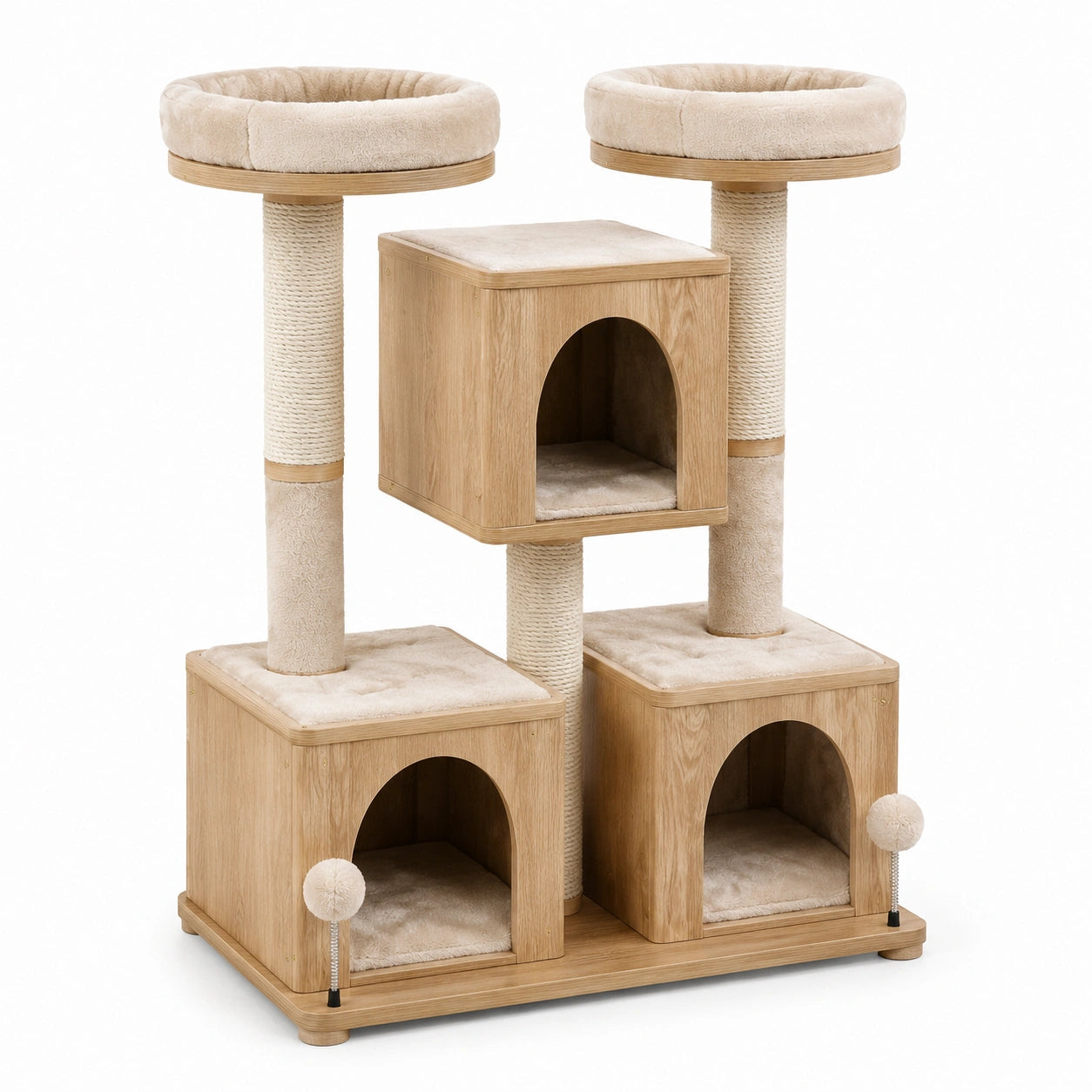 Tiragraffi in Legno con Colonne in Sisal e Cucce Beige