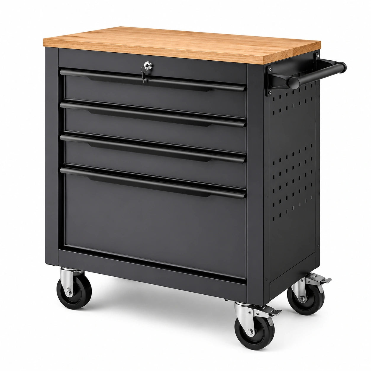 Carrello portautensili in metallo nero con piano in legno e 4 cassetti