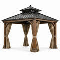 Gazebo in legno con tetto in metallo e tende in poliestere 3x3 m