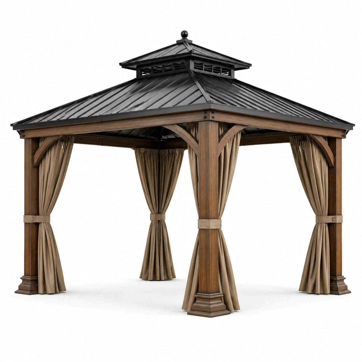 Gazebo in legno con tetto in metallo e tende in poliestere 3x3 m