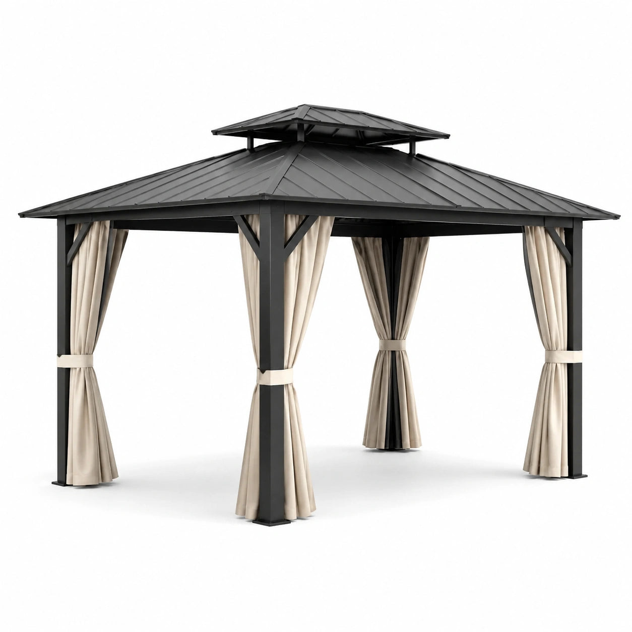 Gazebo in Metallo Nero con Tende in Poliestere Beige 300x400 cm