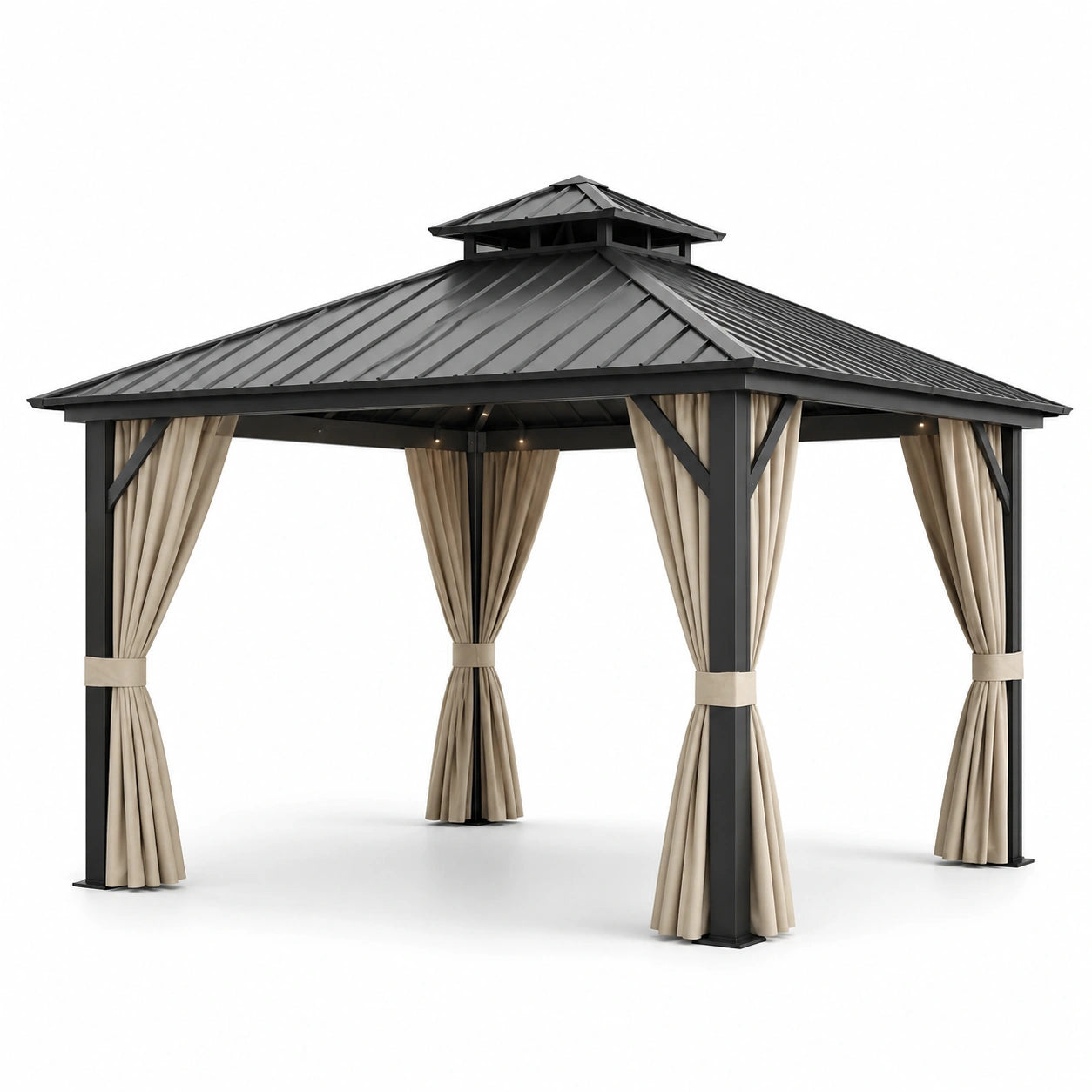 Gazebo quadrato in metallo nero con tende in poliestere beige 300x300 cm