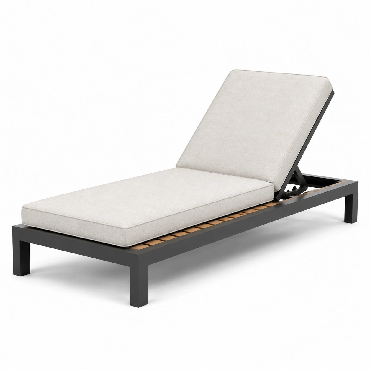 Lettino prendisole in metallo e legno con cuscini in poliestere beige